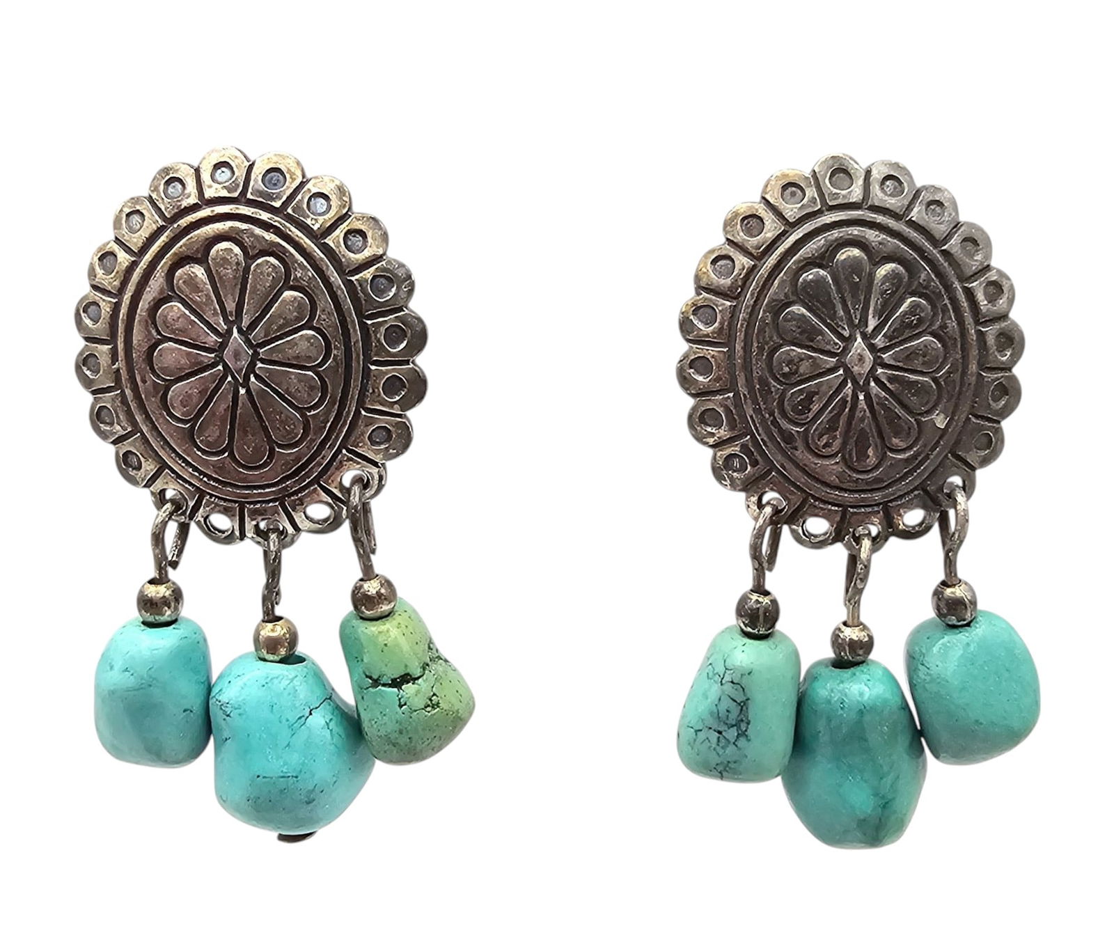Quoc Trading Turquoise Sterling Silver Concho Style Dangle Earrings 4.7 G (1 of 4)