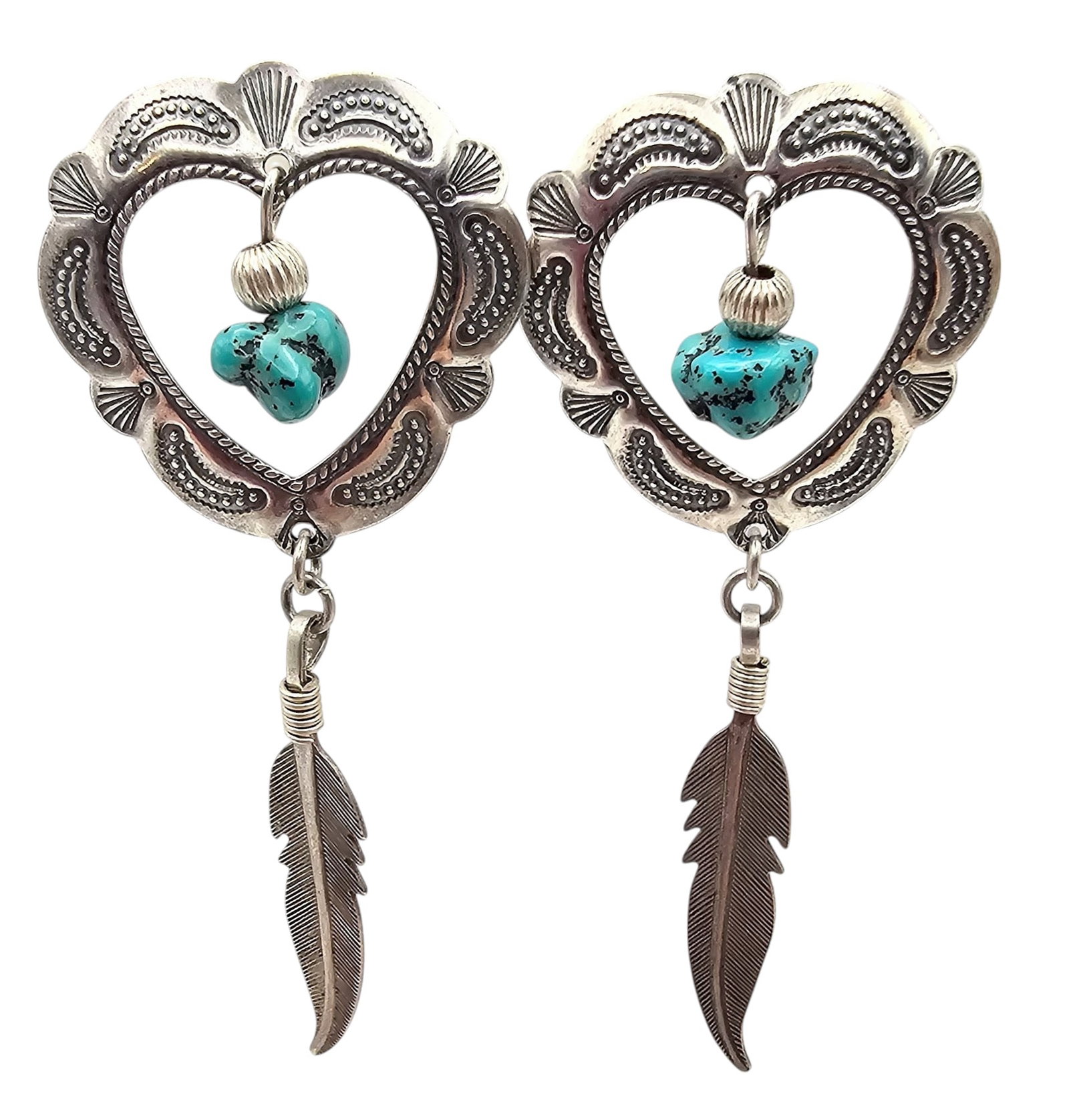 Quoc Trading Turquoise Sterling Silver Stamp Work Heart Feather Drop Dangle Earrings 6.4 G (1 of 4)