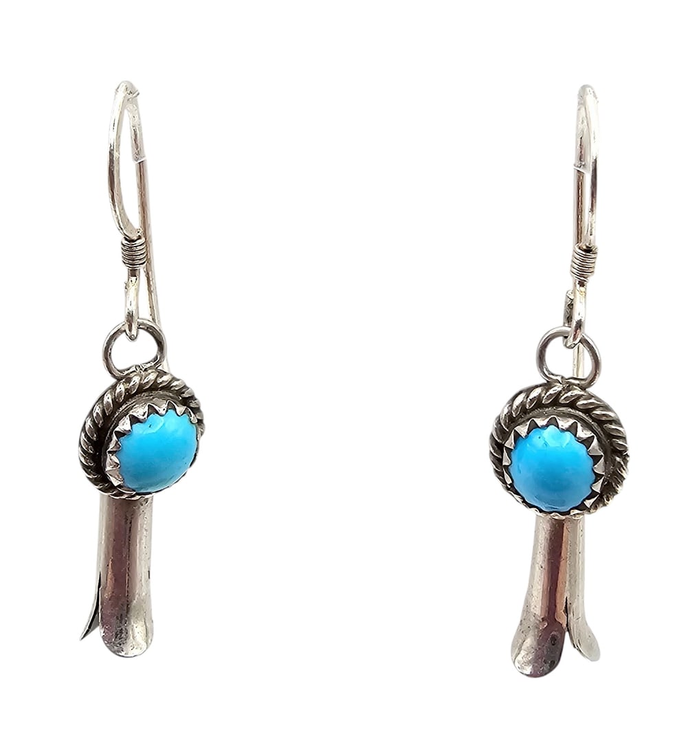 Navajo Turquoise Sterling Silver Squash Blossom Drop Dangle Earrings 2.5 G (1 of 4)
