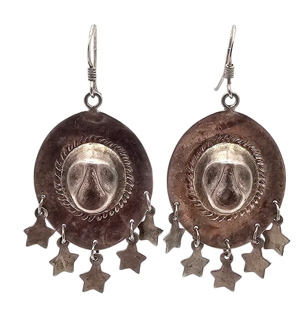 Southwestern Sterling Silver Cowboy Hat Star Drop Dangle Earrings 6.1 G (1 of 4)