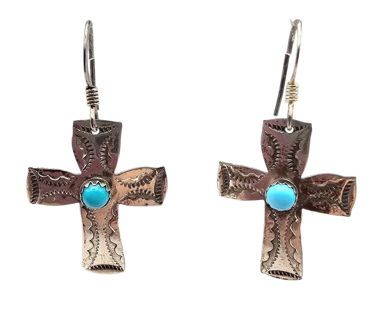 Navajo Turquoise Sterling Silver Stamp Work Cross Drop Dangle Earrings 1.8 G (1 of 4)
