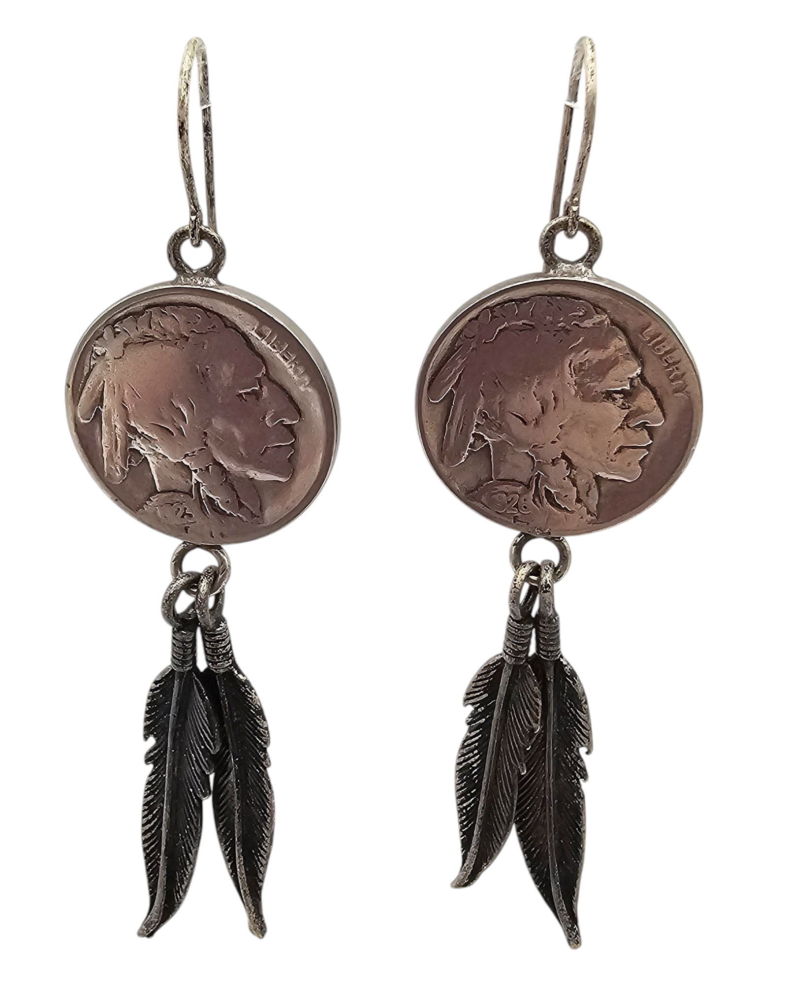 Southwestern Sterling Silver Buffalo Nickel Feather Drop Dangle Earrings 17.4 G (1 of 4)