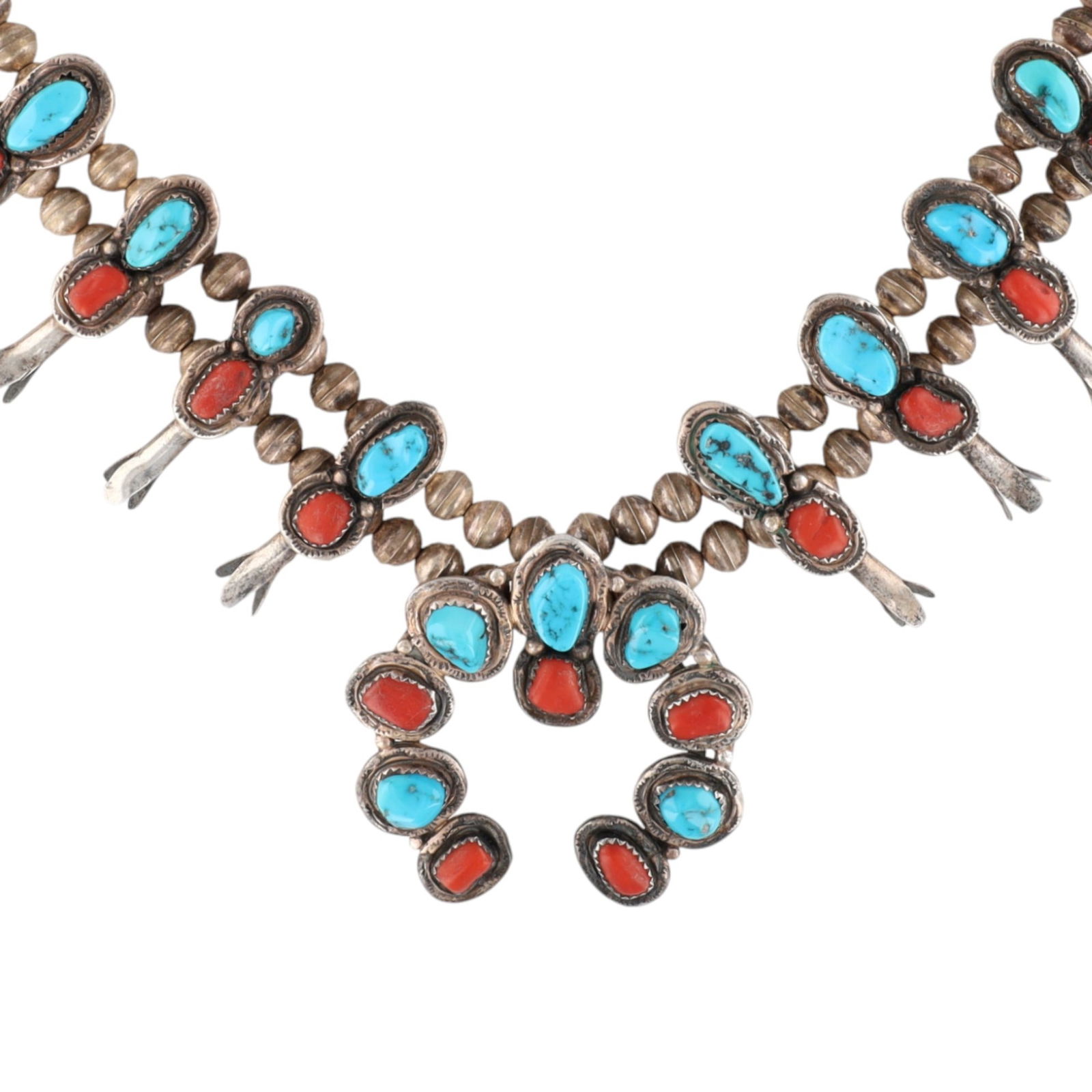 Kirk Smith & Esther Spencer Navajo Sterling Turquoise Coral Squash Blossom Necklace