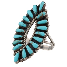 Signed Navajo Sterling Petit Point Turquoise Ring Sz. 9.75