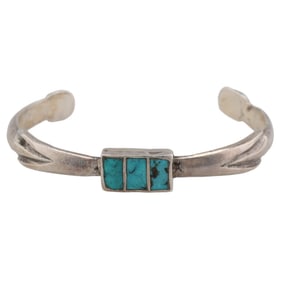 Vintage Navajo Sterling Turquoise Inlay Cuff Bracelet