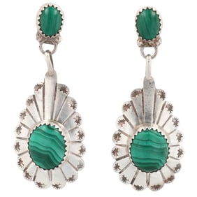 Navajo Sterling Malachite Stamped Drop Earrings