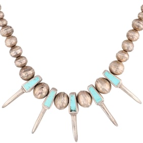 Vintage Navajo Sterling Turquoise Inlay Claw Bead Necklace