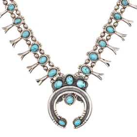 Vintage Navajo Sterling Turquoise Squash Blossom Necklace