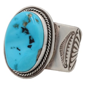 Signed Sterling Kingman Turquoise Mens Ring Sz. 14.5