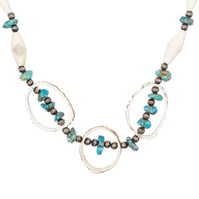 Vintage Native American Sterling Bead, Antler & Turquoise Necklace
