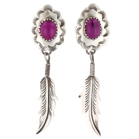 Cheryl Wadsworth Hopi Sterling Purple Stone Feather Dangle Earrings