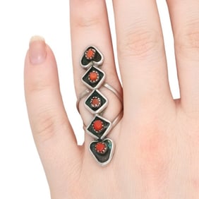 Navajo Sterling Coral Shadow Box Ring Sz. 5