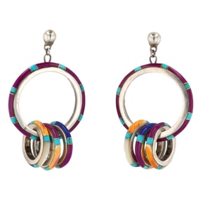 Southwestern Sterling Multi Stone Raised Inlay Circle Earrings