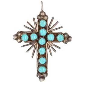 Vintage Zuni Sterling Snake Eye Turquoise Cross Pendant