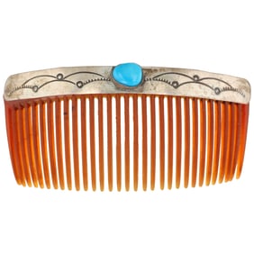 Vintage Navajo Stamped Sterling Turquoise Hair Comb