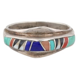 Signed Zuni Sterling Multi Stone Inlay Ring Sz. 6.75