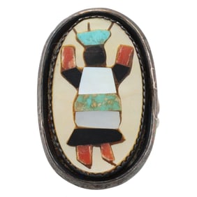 Signed Zuni Sterling Multi Stone Kachina Inlay Ring Sz. 8.5