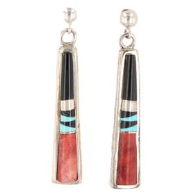 Calvin Begay Navajo Sterling Multi Stone Inlay Drop Earrings