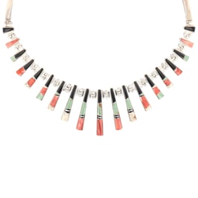 Wow! Calvin Begay Navajo Sterling Multi Stone Inlay Fringe Necklace