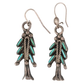 Lorraine Kendy Zuni Sterling Needlepoint Turquoise Squash Blossom Earrings