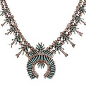 Lorraine Kendy Zuni Needlepoint Turquoise Squash Blossom Necklace