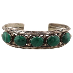 Signed Navajo Sterling Malachite Cuff Bracelet
