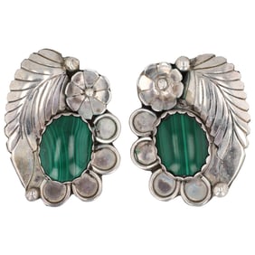Randy Hoskie Navajo Sterling Malachite Clip On Earrings
