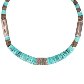 Santo Domingo Kewa Sterling Barrel Bead Turquoise Shell Necklace