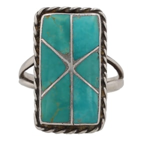 Vintage Navajo Sterling Turquoise Inlay Ring Sz. 10