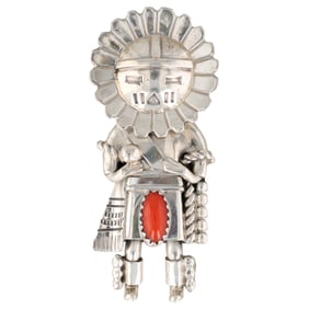 Signed Navajo Sterling Coral Sunface Kachina Brooch