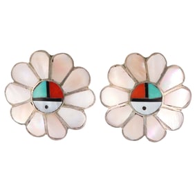 Vintage Zuni Sterling Multi Stone Sunface Inlay Earrings