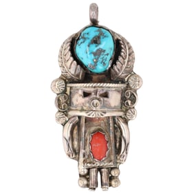 Vintage Navajo Sterling Turquoise Coral Kachina Pendant