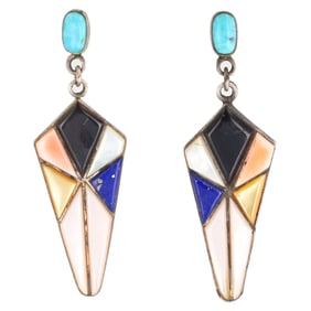 Handmade Navajo Sterling Multi Stone Drop Earrings