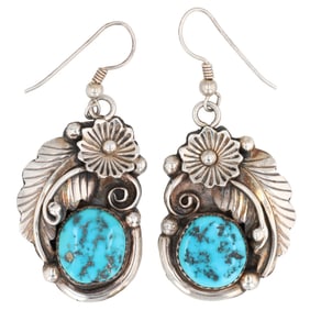 Vintage Navajo Sterling Morenci Turquoise Blossom Earrings