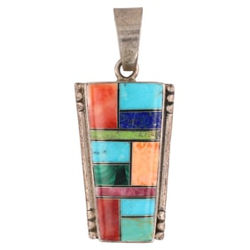 Signed Navajo Sterling Multi Stone Inlay Pendant