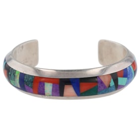 Wilford Chee Navajo Sterling Multi Stone Inlay Cuff Bracelet