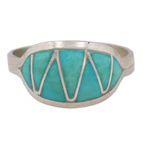 Signed Zuni Sterling Turquoise Inlay Ring Sz. 8