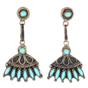 Vintage Zuni Sterling Needlepoint Snake Eye Turquoise Dangle Earrings