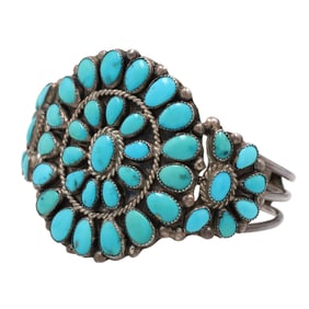 Paul & Nancy Leekity Zuni Sterling Turquoise Cluster Cuff Bracelet