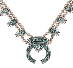 John Quam Zuni Sterling Petit Point Turquoise Squash Blossom Necklace
