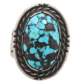 Vintage Navajo Sterling Kingman Turquoise Mens Ring Sz. 10.5