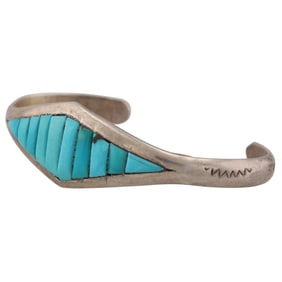 Vintage Navajo Sterling Cobblestone Turquoise Inlay Cuff Bracelet