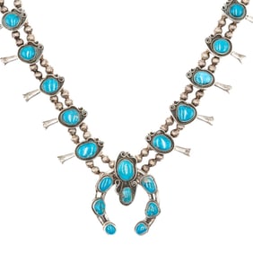 Vintage Navajo Sterling Turquoise Squash Blossom Necklace