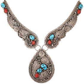 Jim Calladito Navajo Sterling Turquoise Coral Blossom Necklace