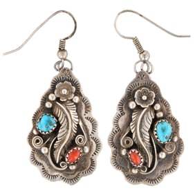 Vintage Navajo Sterling Turquoise Coral Blossom Earrings