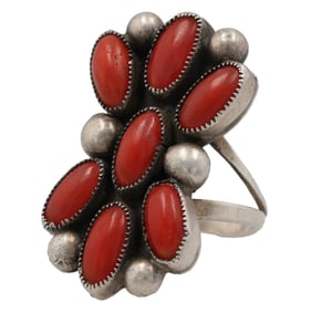 Vintage Navajo Sterling Coral Cluster Ring Sz. 8.25