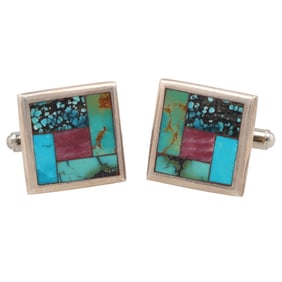 Vintage Navajo Sterling Multi Stone Inlay Cufflinks
