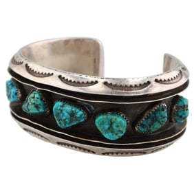 Vintage Navajo Sterling Chunk Turquoise Shadow Box Cuff Bracelet