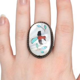 Old Zuni Sterling Multi Stone Bird Inlay Ring Sz. 7.5