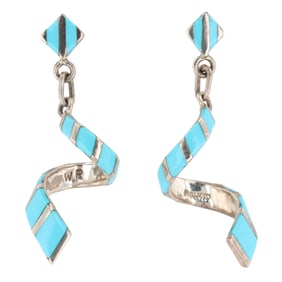 Vintage Signed Navajo Sterling Turquoise Inlay Dangle Earrings